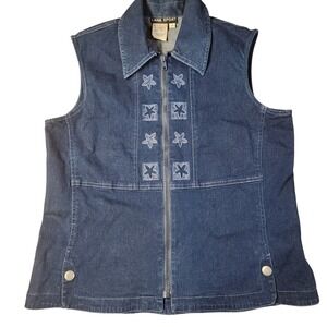 Lana Sport Vintage Blue Denim Vest Embroidered Floral Star Zip Up 8 grannycore